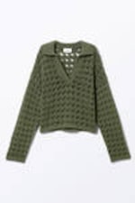 Dark Khaki Green - Loose Open-Knit Sweater - 3