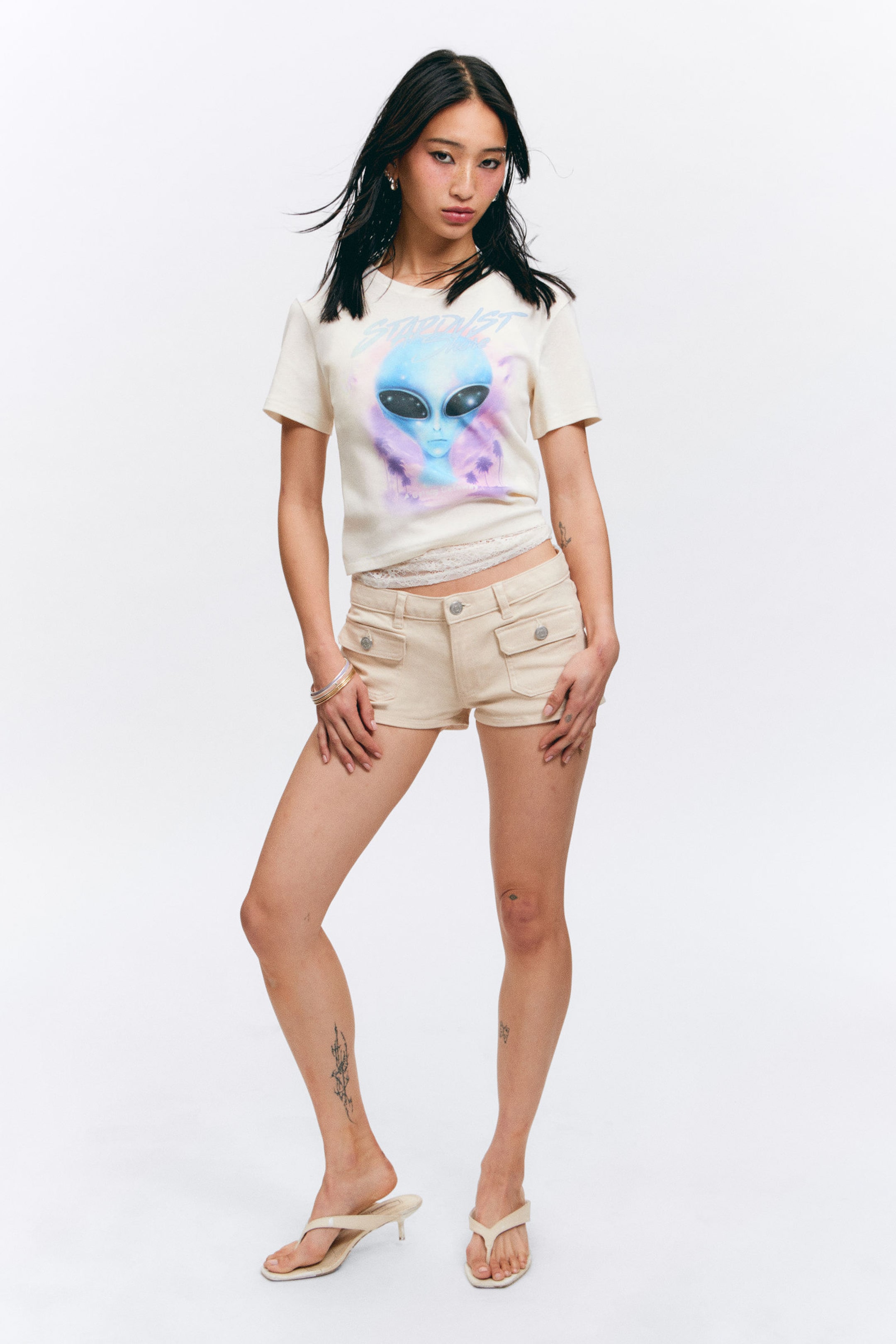 Dusty White - Stardust Shore - Cropped Printed Cotton T-Shirt - 2