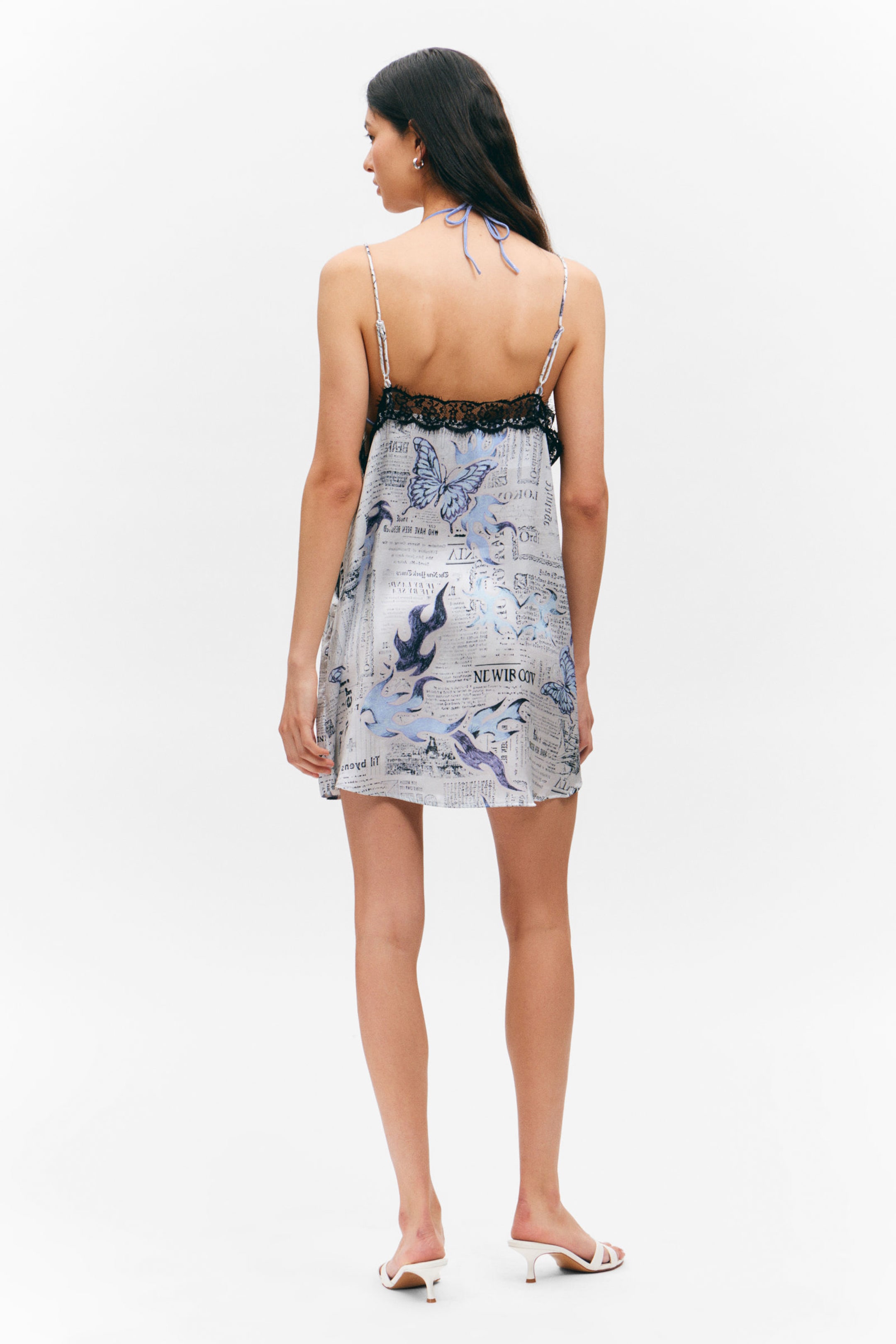 White Newspaper/Blue Flame - Lace-Trim A-line Mini Slip Dress - 3