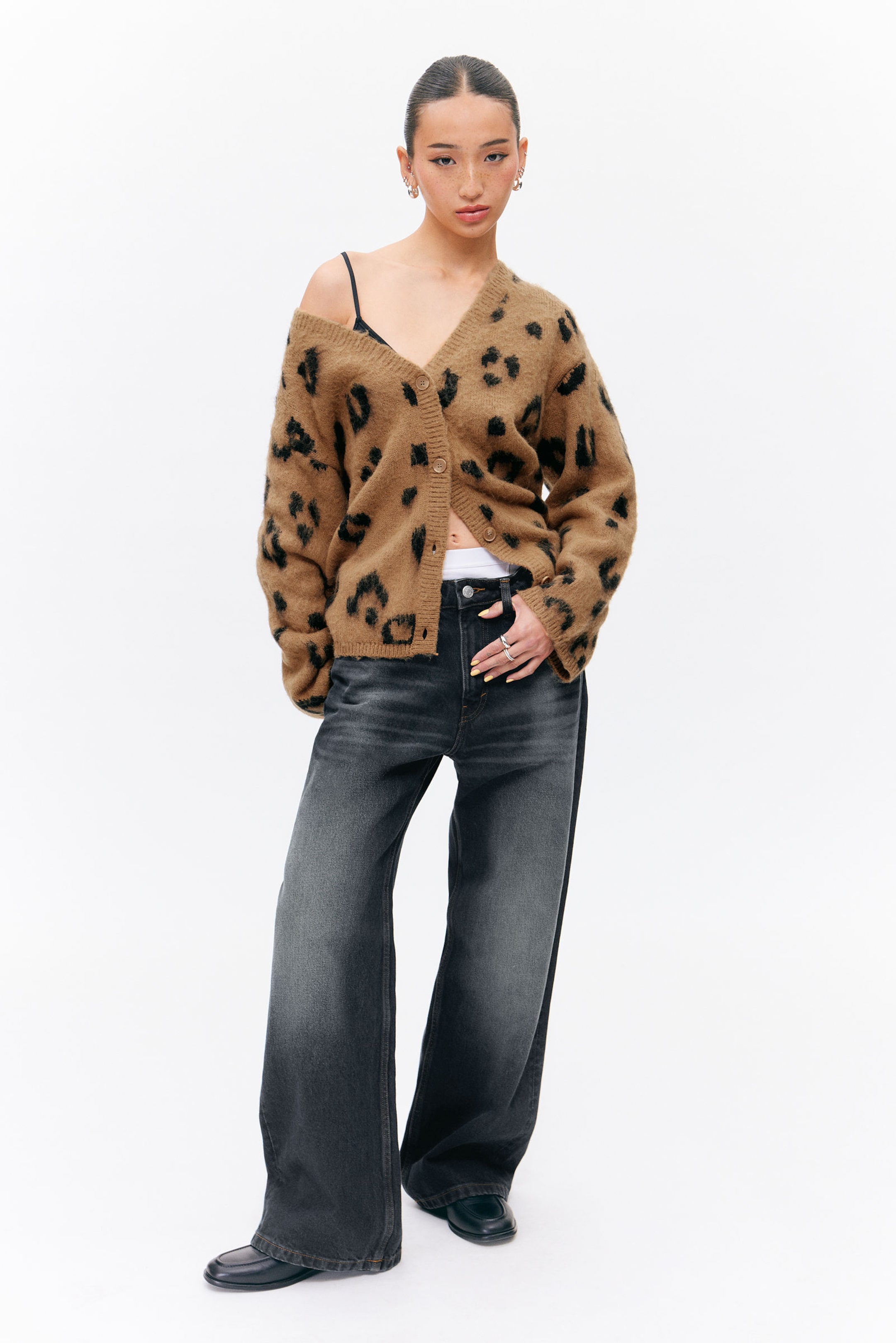 Brown - Leopard - Fluffy knit cardigan - 0