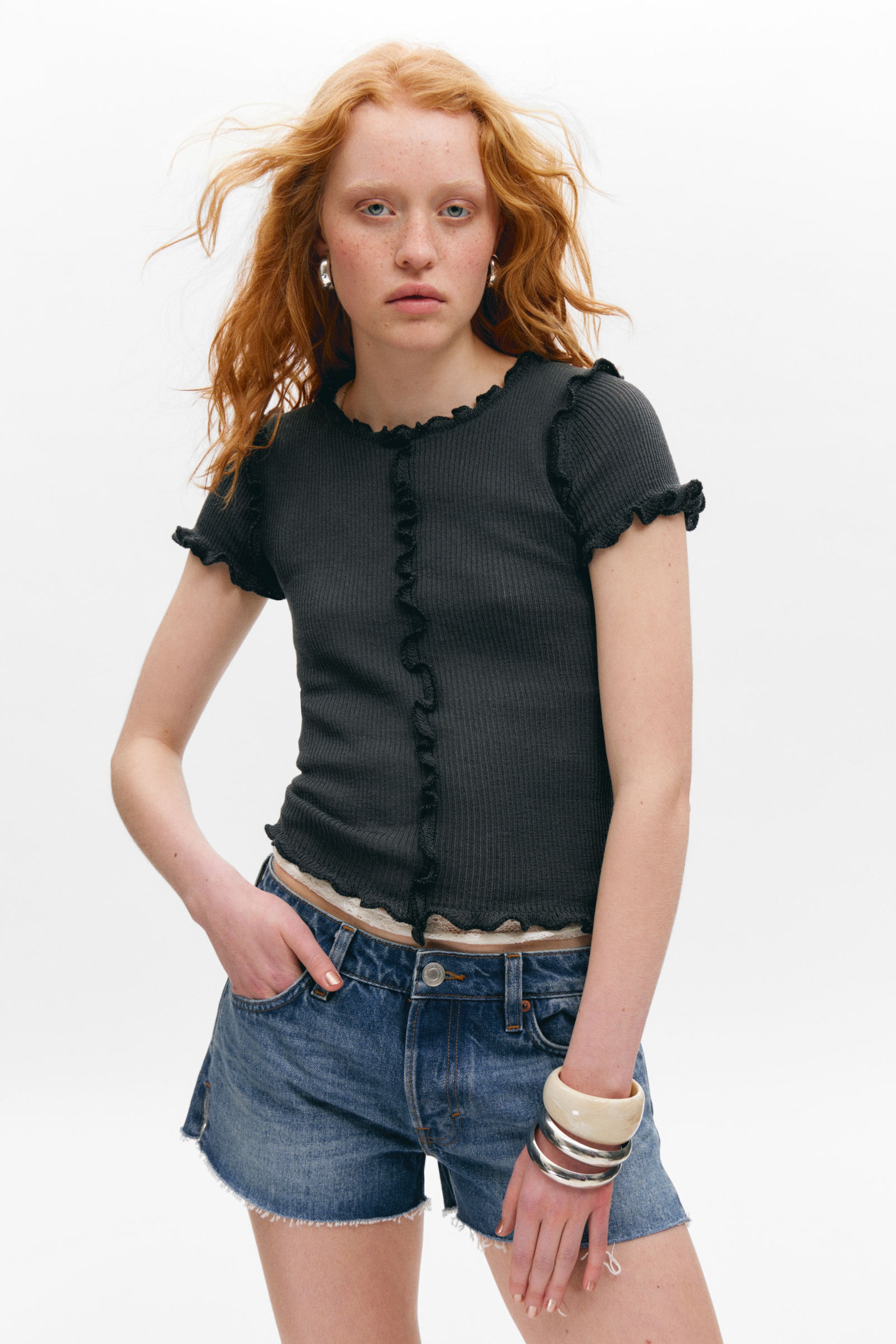#49474C - Frill-Edge Ribbed Knitted Top - 1