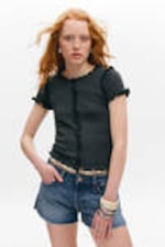 Dark Grey - Frill-Edge Ribbed Knitted Top - 0