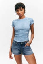 Blue - Distressed Denim Print - Contrast Stitch Fitted T-Shirt - 0