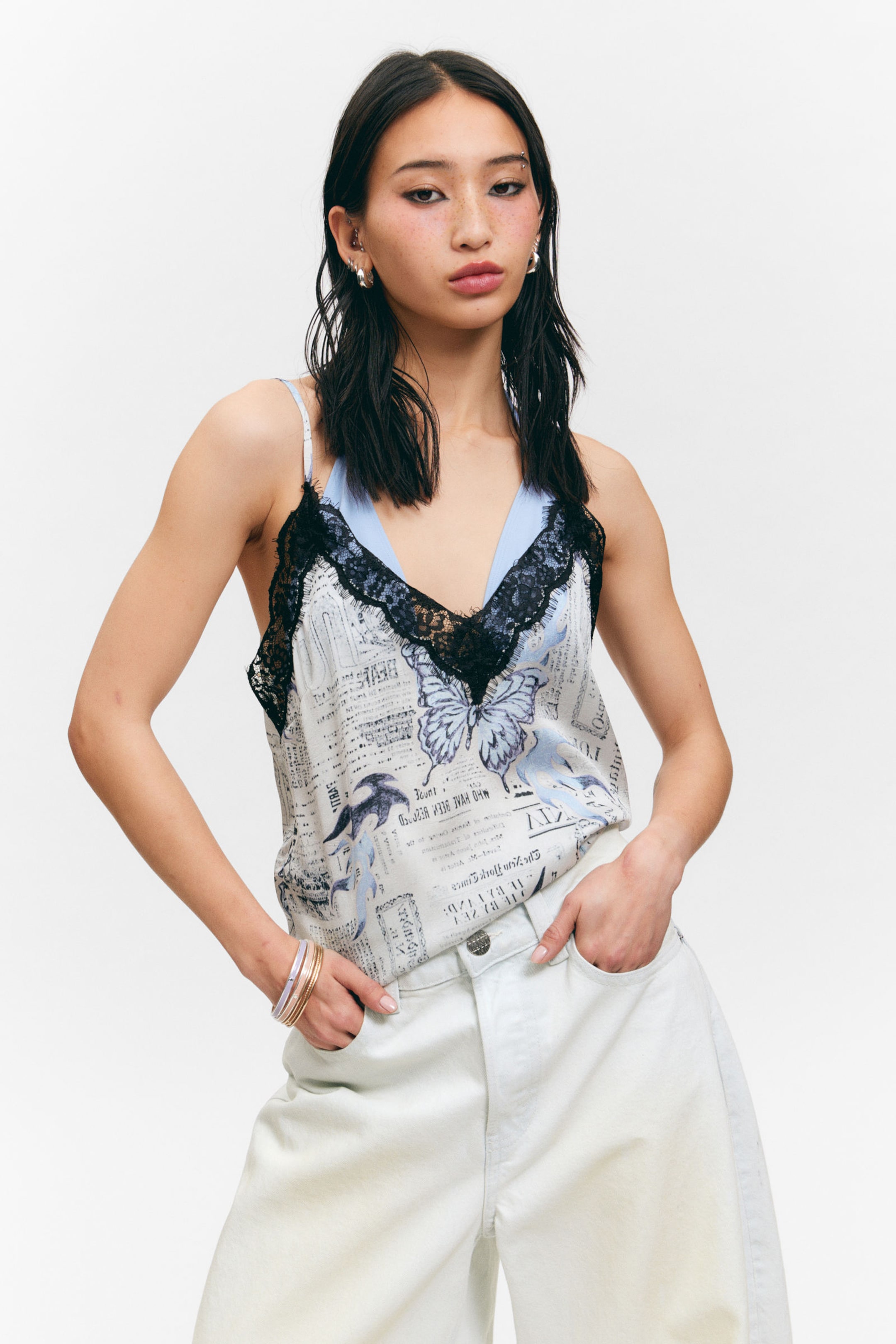 White Newspaper - Blue Flame - Lace-Trimmed Satin Camisole - 0