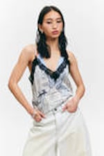 White Newspaper - Blue Flame - Lace-Trimmed Satin Camisole - 0
