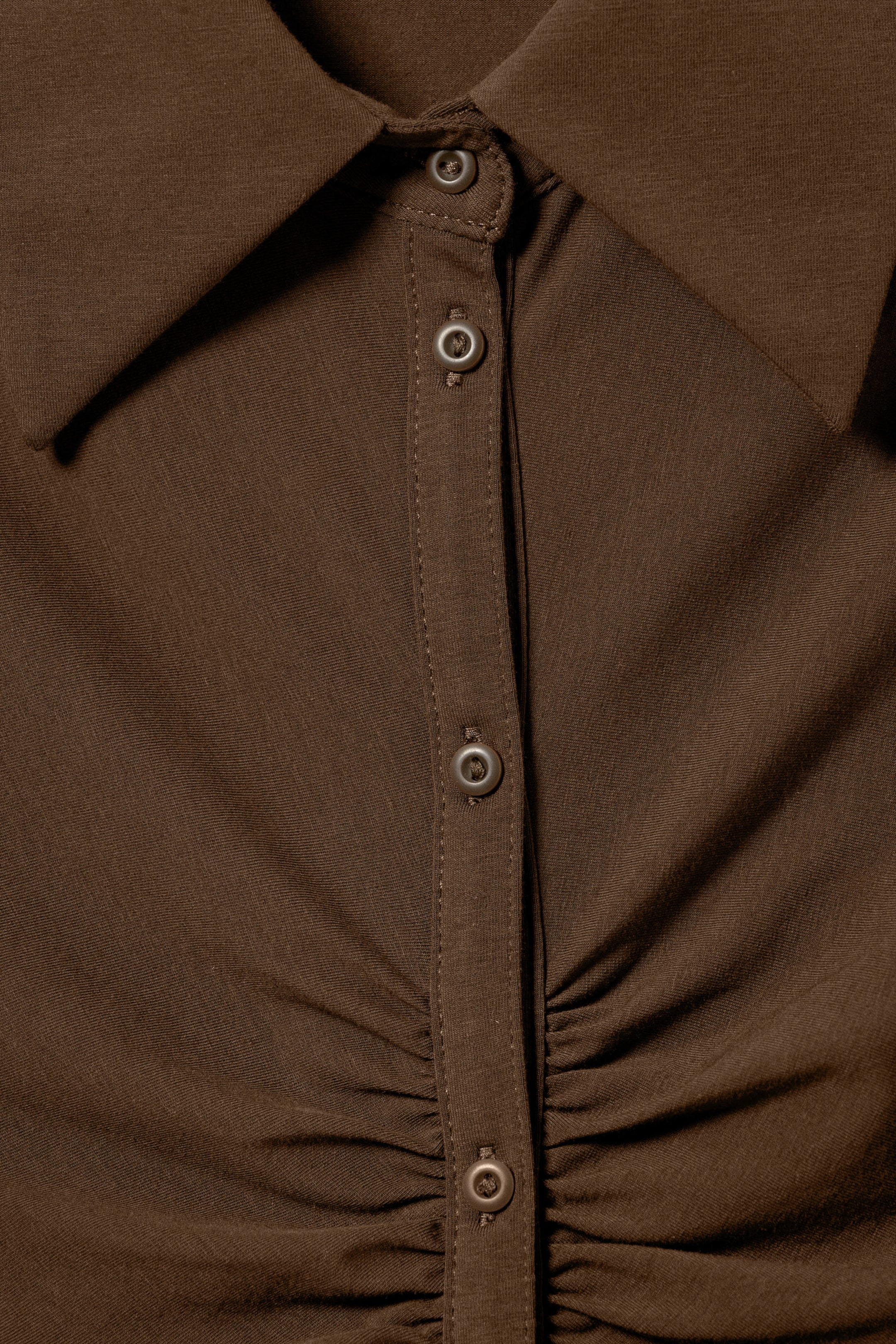 Dark Brown - Short-Sleeved Mini Shirt Dress - 4