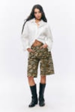 Tiger-striped - Low Rise Cargo Cotton Twill Jorts - 0