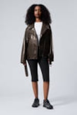 Dark Brown - Oversized Faux Leather Biker Jacket - 2