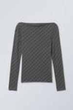 Dark Grey Tribal Print - Sheer Print Boatneck Longsleeve - 0