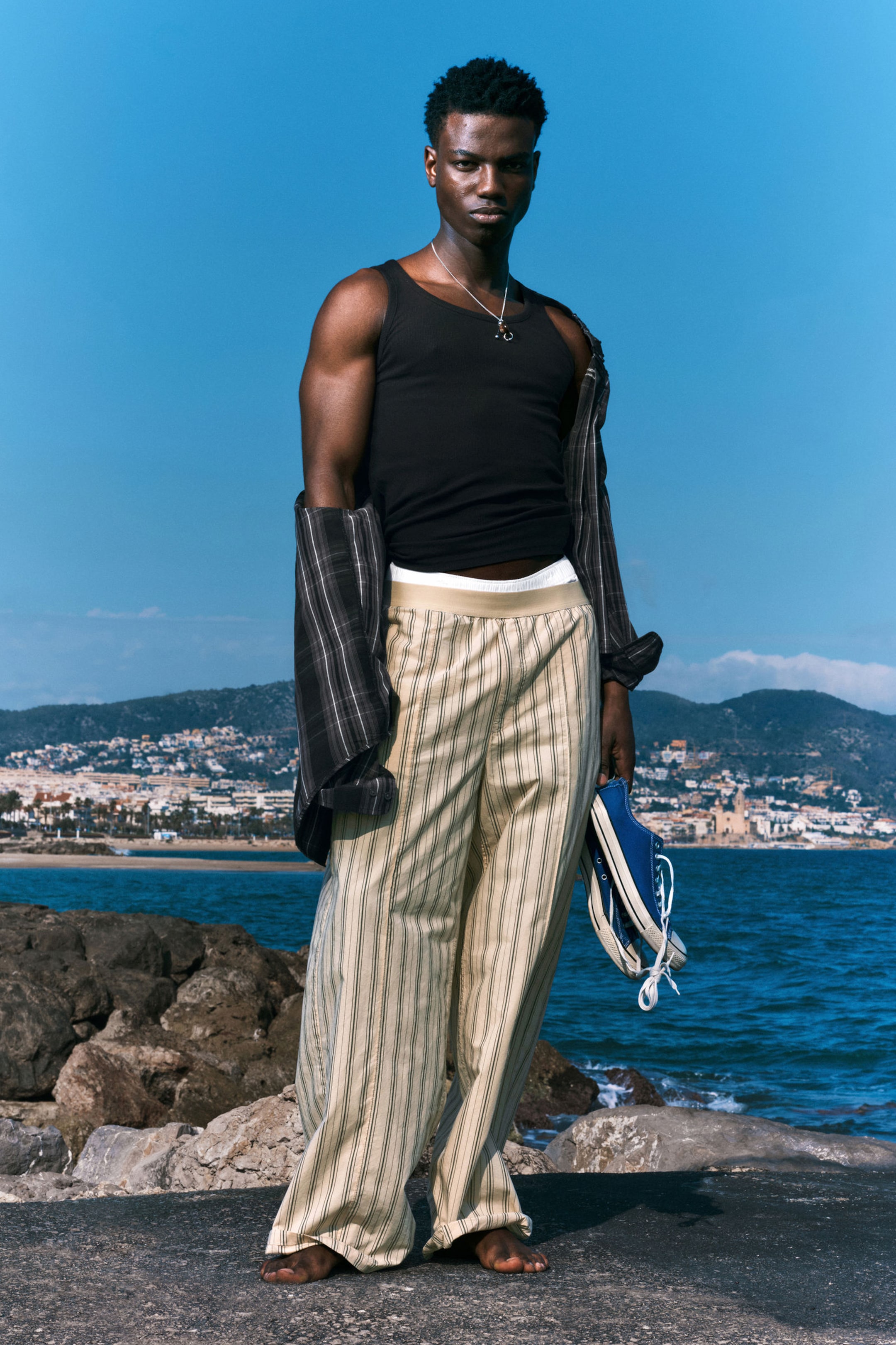 #C9C2B0 - Striped Loose Cotton Pyjama Trousers - 1