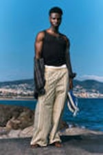 Striped Beige - Striped Loose Cotton Pyjama Trousers - 0