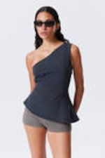 Dark Blue - Asymmetric One-Shoulder Fitted Top - 0
