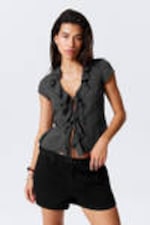 Dark Grey - Frilled Tie-Front Top - 0