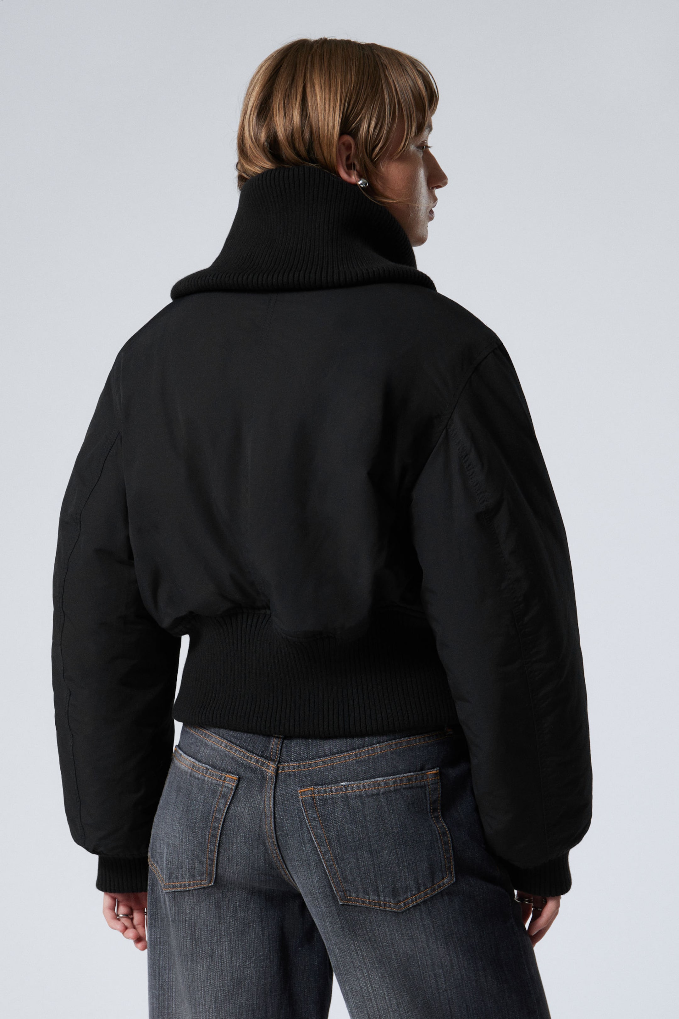 Black - Cropped Rib Funnel Neck Bomber Jacket - 3