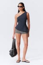 Dark Blue - Asymmetric One-Shoulder Fitted Top - 2
