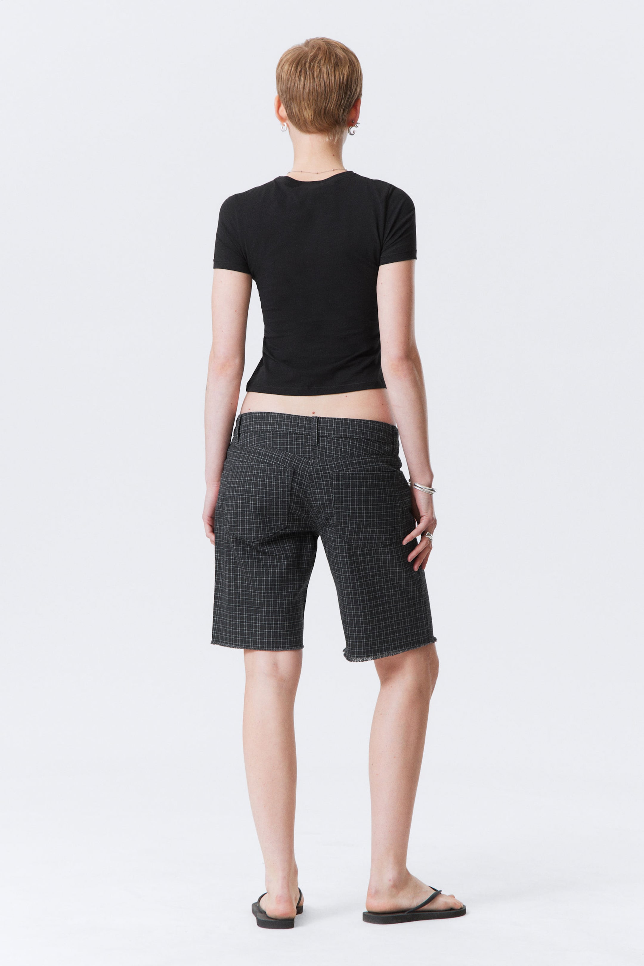 Checked Dark Grey - Checked Knee-Length Cotton Twill Shorts - 3