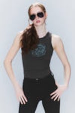 Washed Black - Tight Rhinestone Mini Tank Top - 0