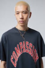 Dark Blue - Compassion - Great Boxy Printed Graphic Tee - 1