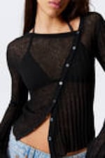 Black - Asymmetric Linen Blend Cardigan - 1