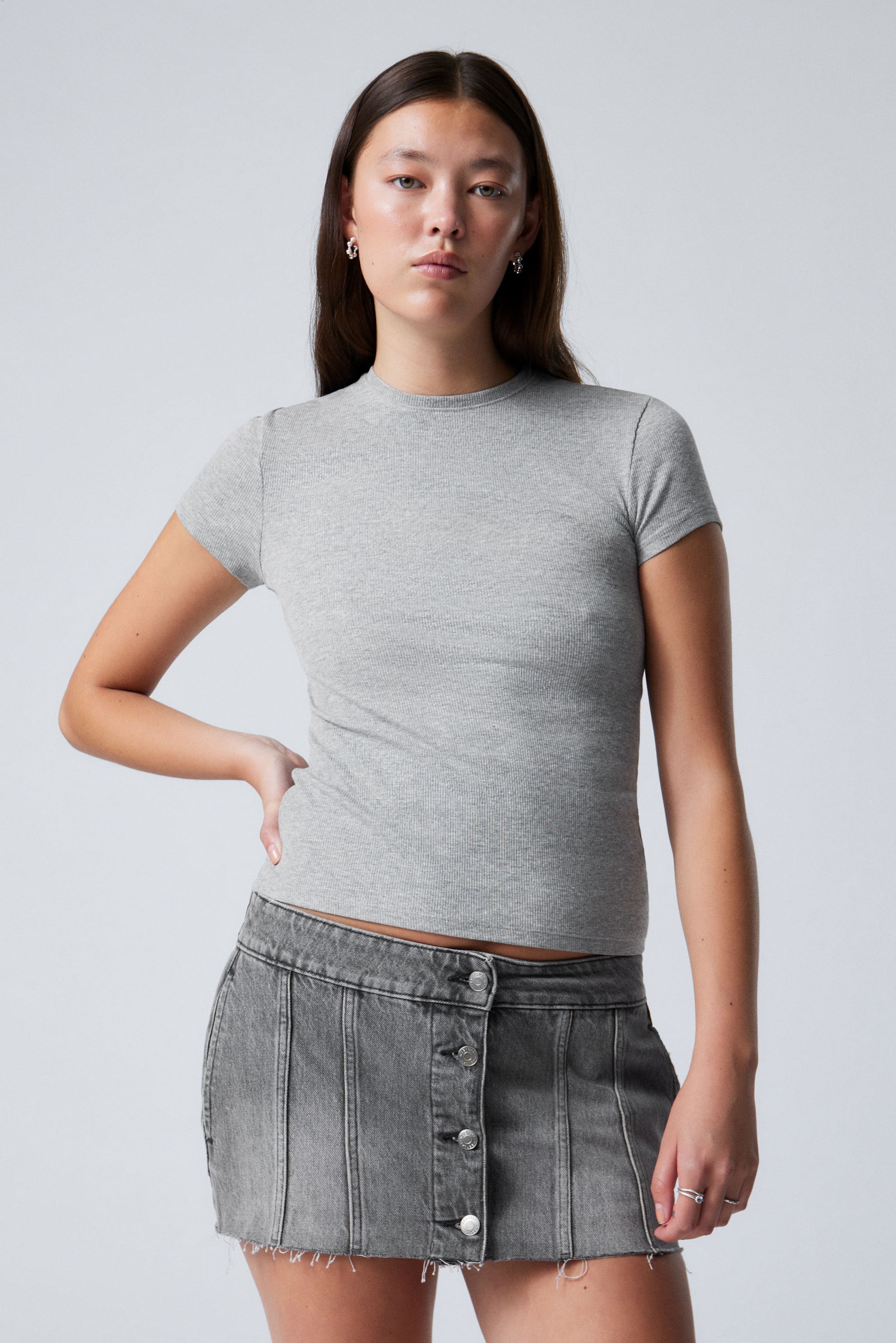 Grey Melange - Close Fitted Rib T-Shirt - 0