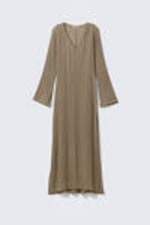 Beige - Sheer Long-Sleeved V-neck Maxi Dress - 4