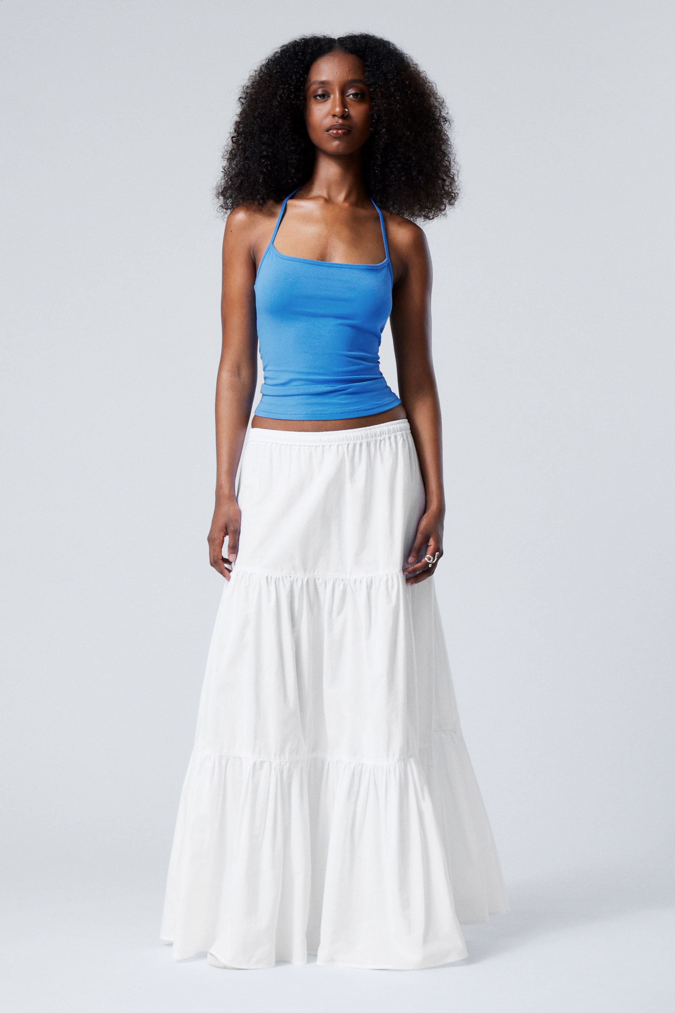 White - Tiered Maxi Poplin Skirt - 0