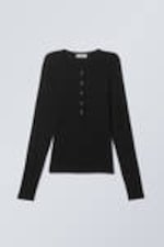 Black - Sheer Rib Long Sleeve Henley Top - 2