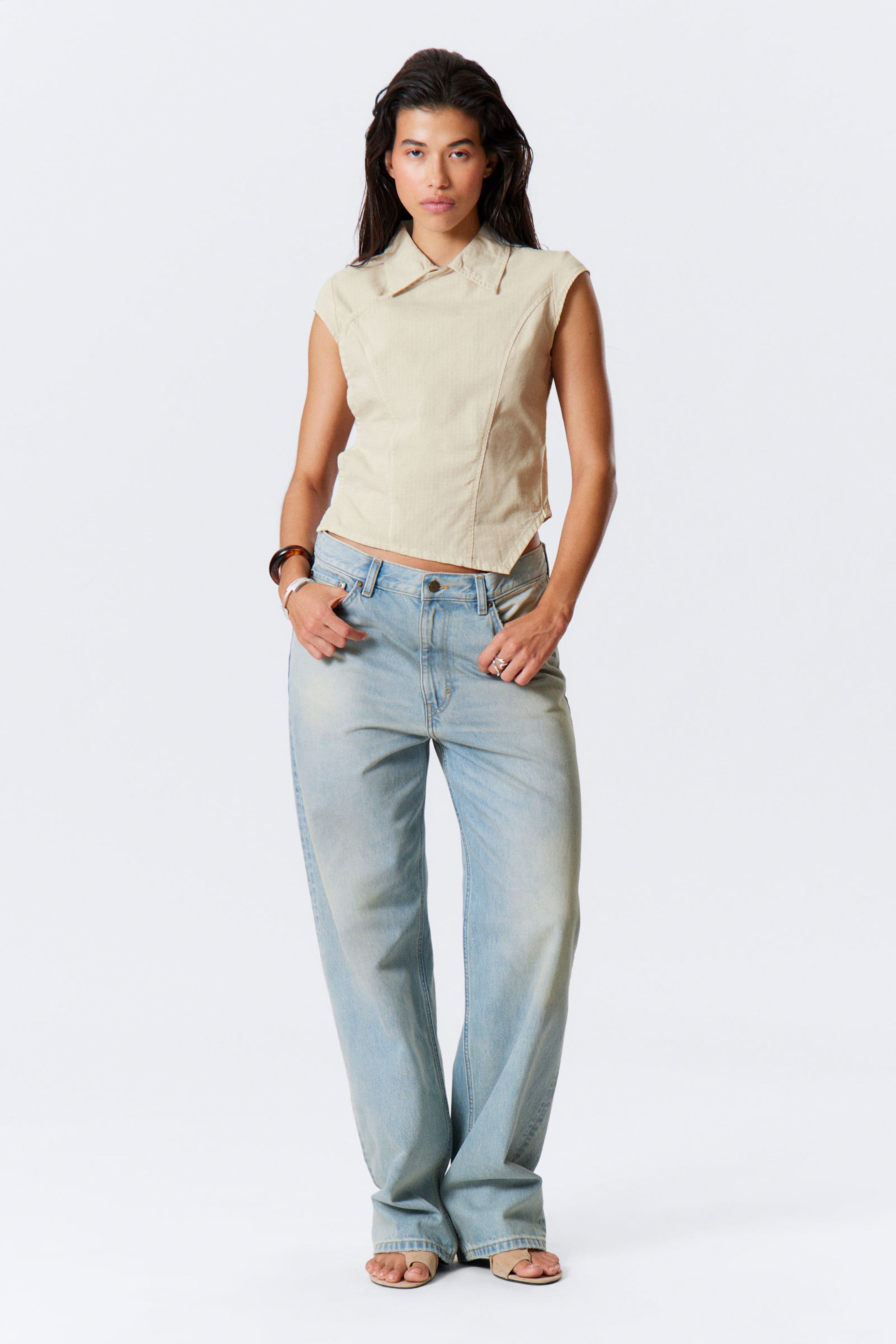 #F3EFE5 - Cap-Sleeved Asymmetric Ripstop Top - 2
