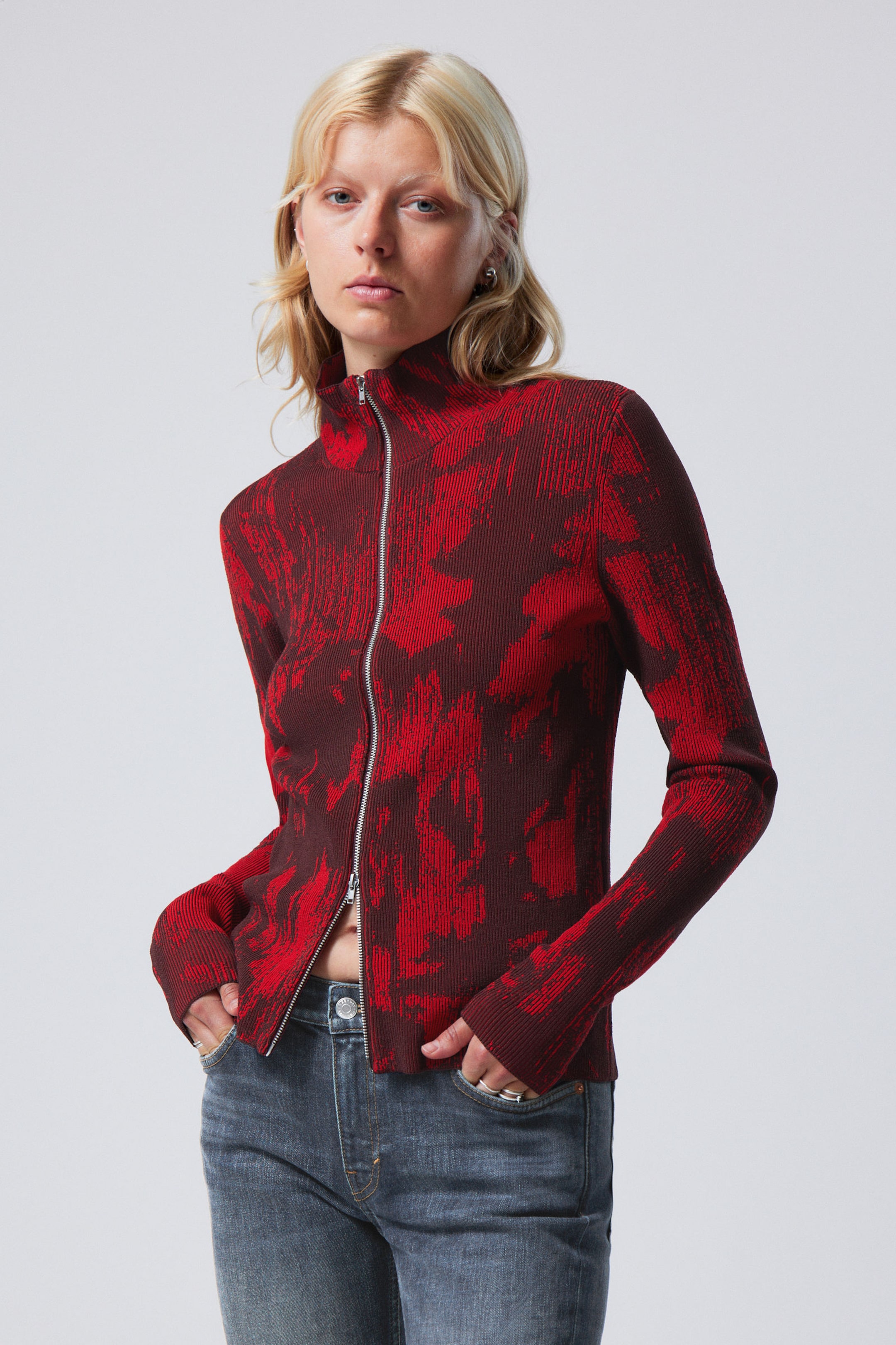 Red Jacquard - Jacquard Knitted Zip Cardigan - 0