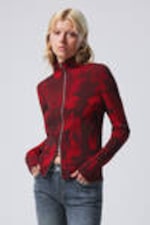 Red Jacquard - Jacquard Knitted Zip Cardigan - 0