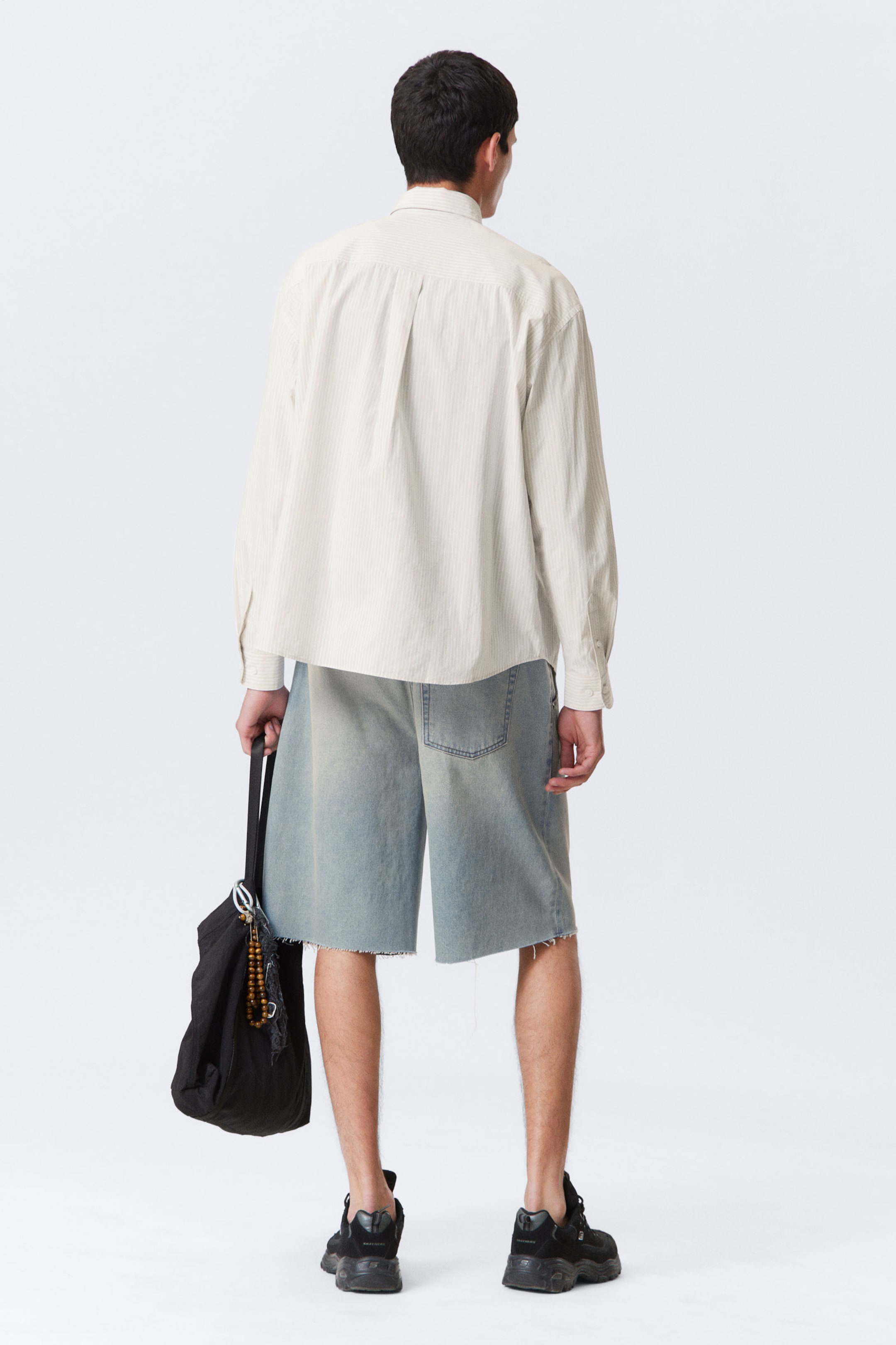 Embroidered Striped Beige - Oversized Striped Button-Down Poplin Shirt - 3