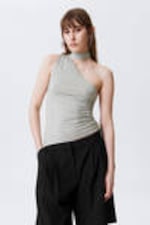 Grey & White Stripe - Lyocell One-shoulder Tie Top - 0