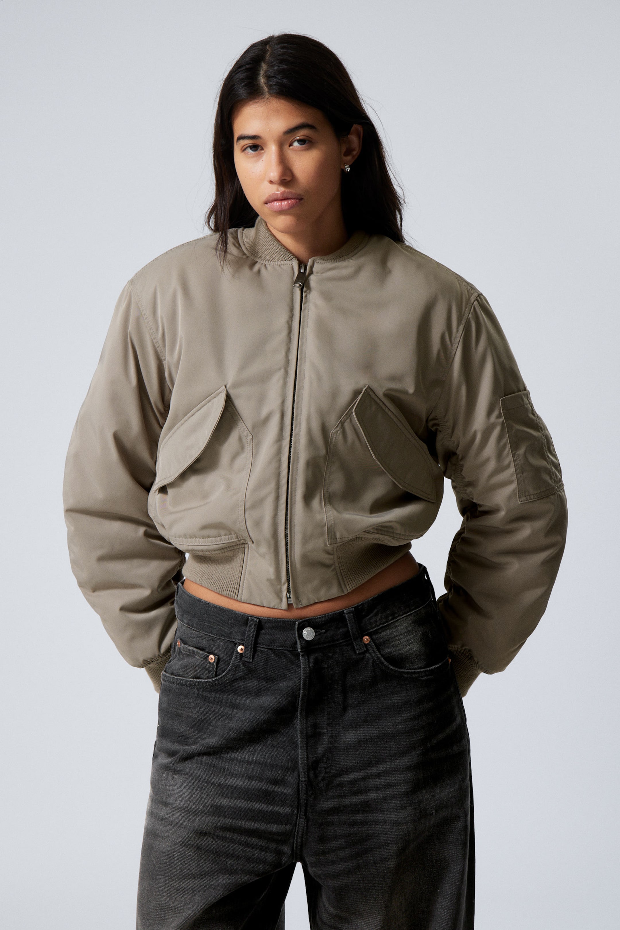 #7F7A72 - Cropped Bomber Jacket - 2