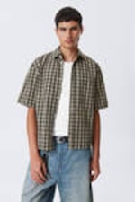 Beige Check - Relaxed Fit Short-Sleeved Cotton Shirt - 0