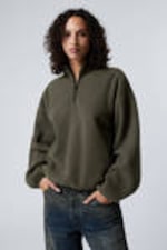 Dark Khaki Green - Oversized Half-Zip Fleece Sweatshirt - 1