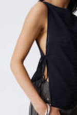 Navy Blue - Sleeveless Boat-Neck Tie Top - 2