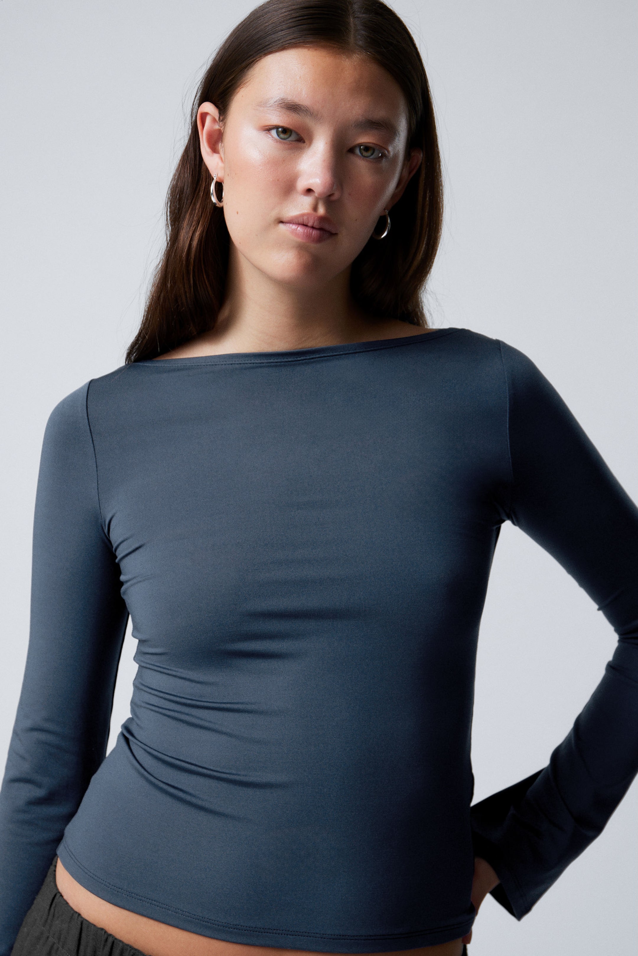 Dark Blue - Annie Long-Sleeved Boat-Neck Top - 1