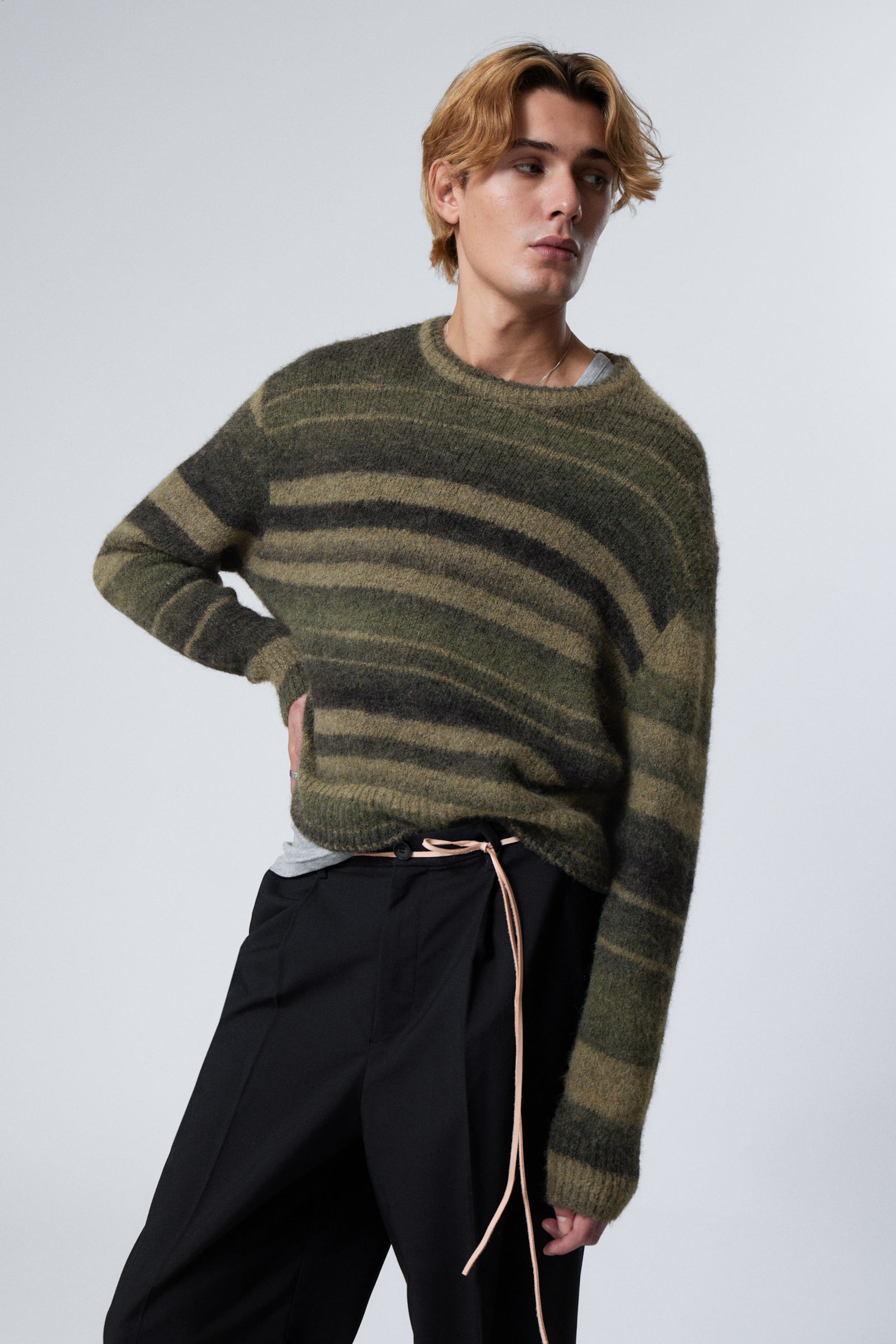 Khaki Green - Irregular Stripe - Striped Regular Fit Sweater - 0