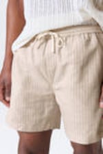 Beige Stripe - Striped Linen Blend Shorts - 2