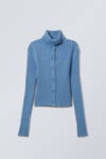 Light Blue - Slim Knitted Turtleneck Cardigan - 2