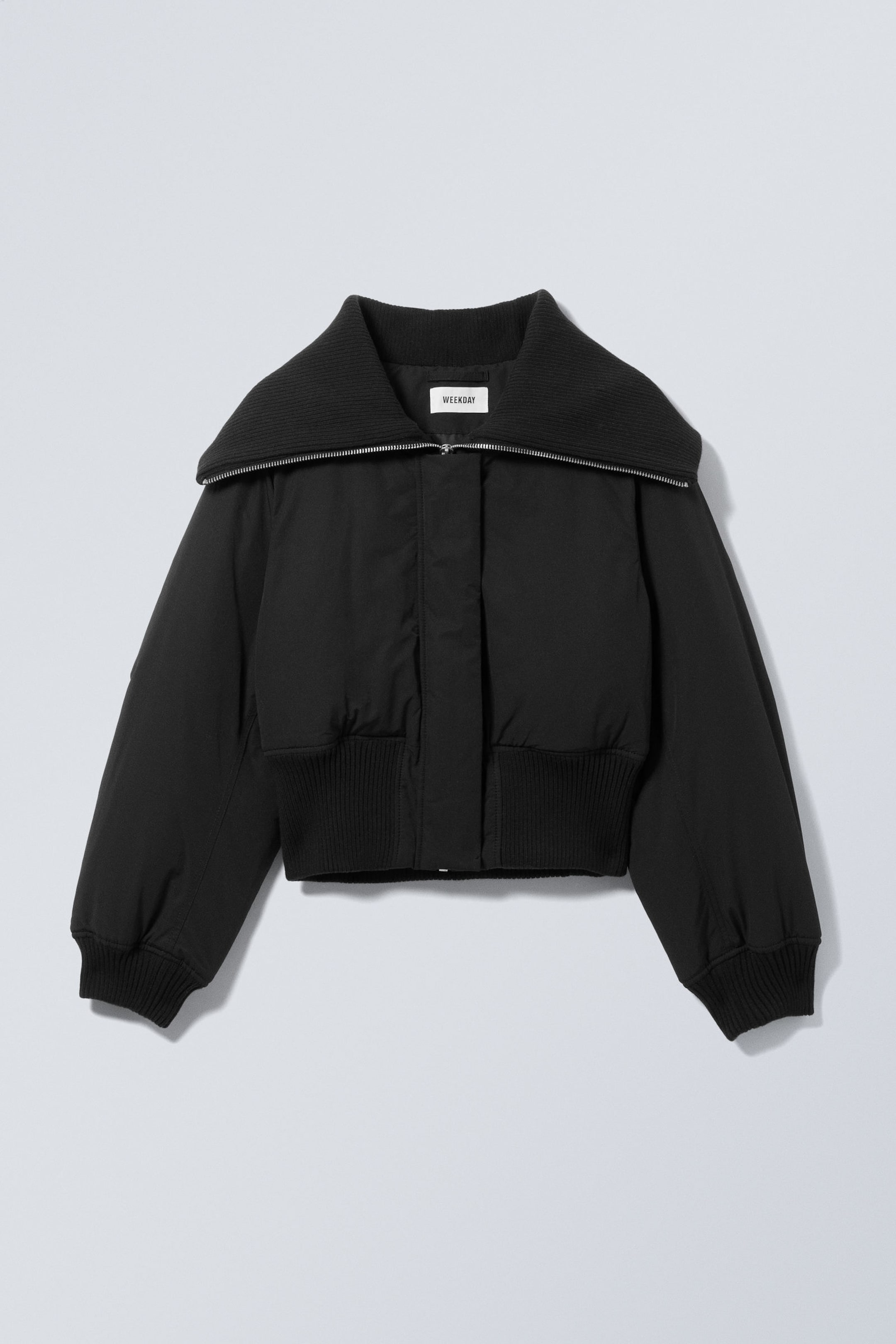 Black - Cropped Rib Funnel Neck Bomber Jacket - 2