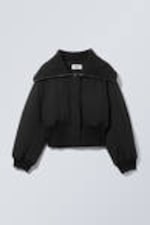 Black - Cropped Rib Funnel Neck Bomber Jacket - 2