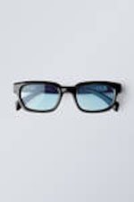 Black - Blue Lenses - Bold Rectangular Frame Unisex Sunglasses - 0