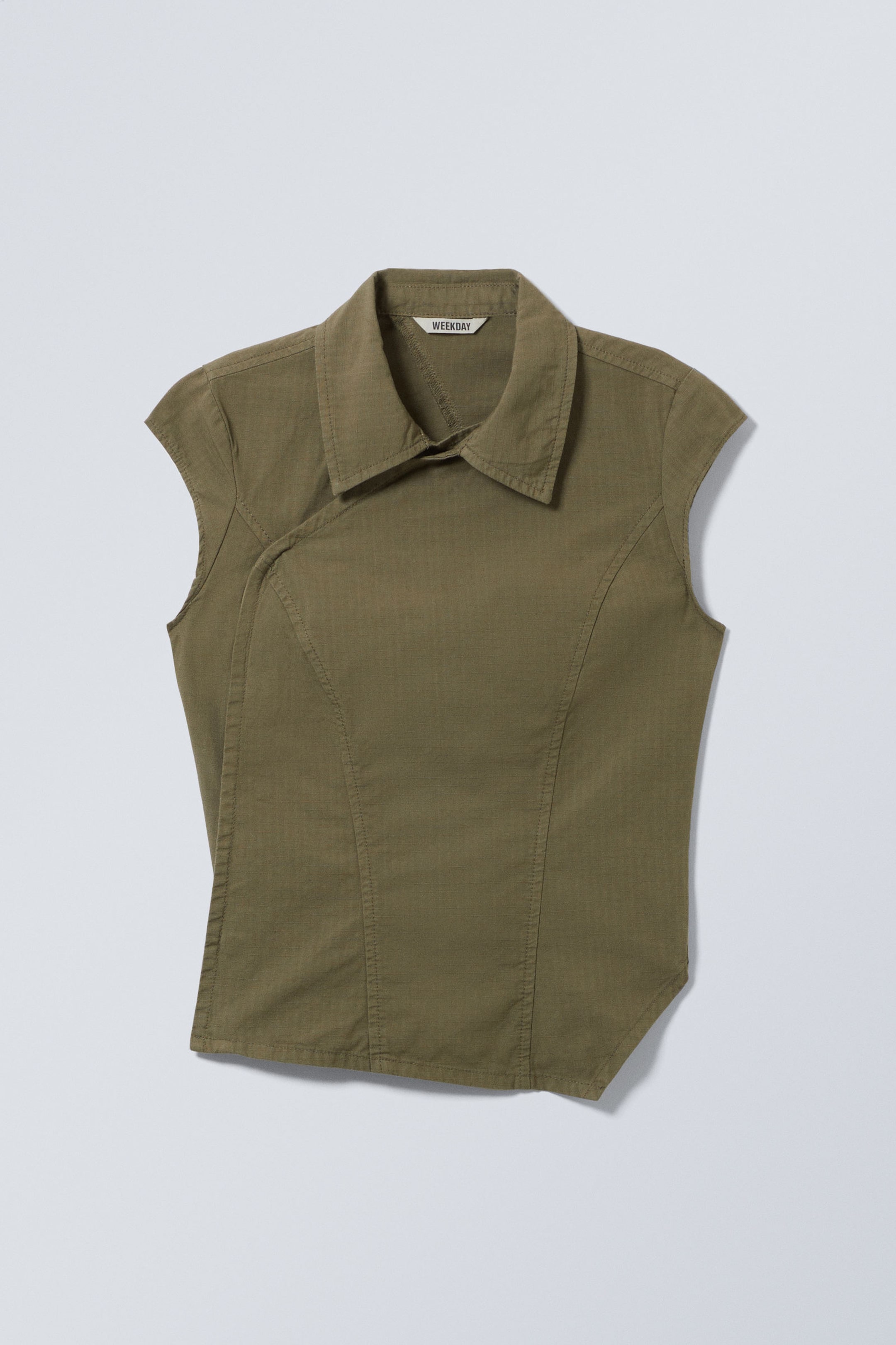 Dark Khaki Green - Cap-Sleeved Asymmetric Ripstop Top - 2