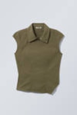 Dark Khaki Green - Cap-Sleeved Asymmetric Ripstop Top - 2