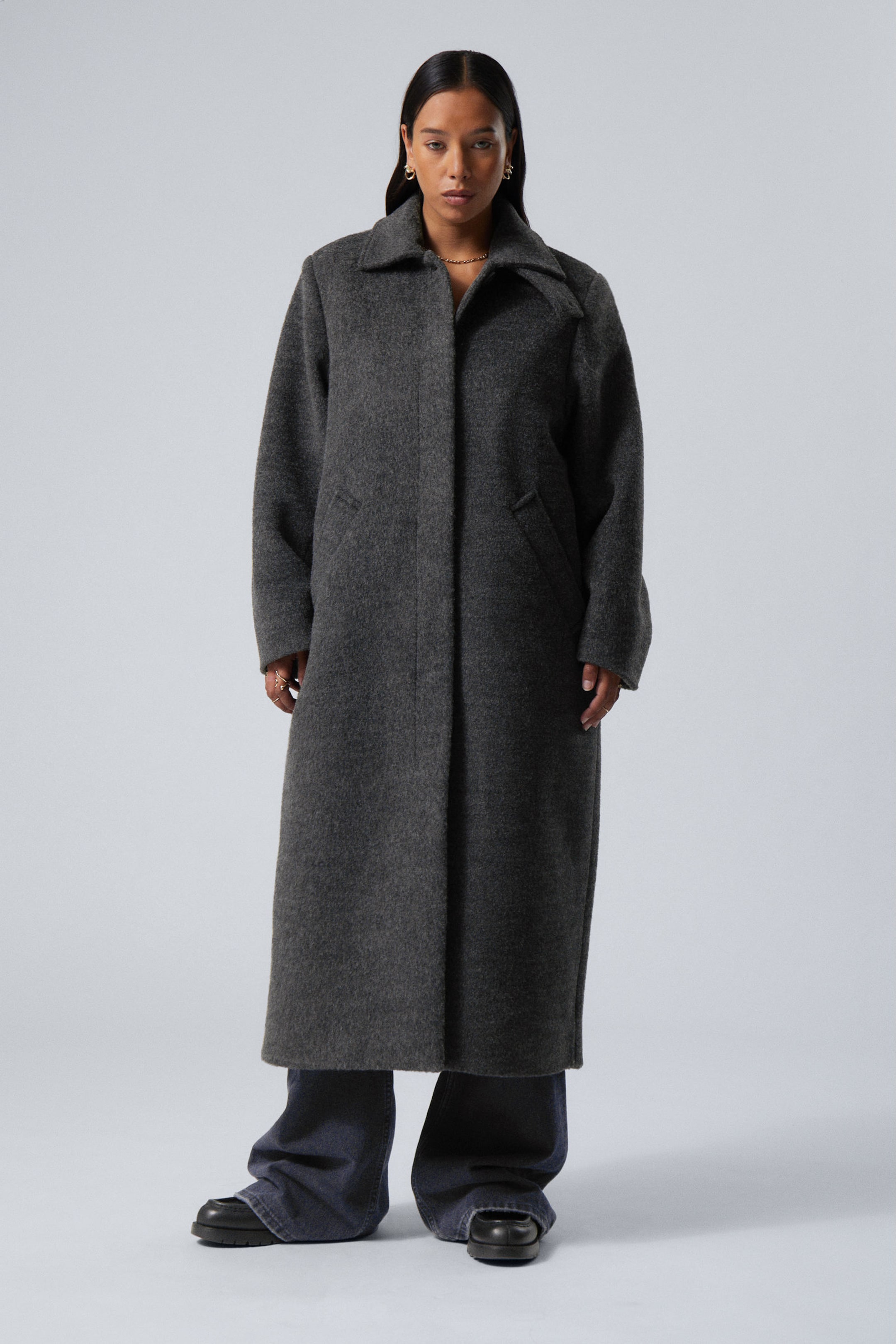 Dark Grey Melange - Long Hairy Oversized Wool-Blend Coat - 1