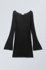 Black - Short Knitted Linen Blend Dress - 0