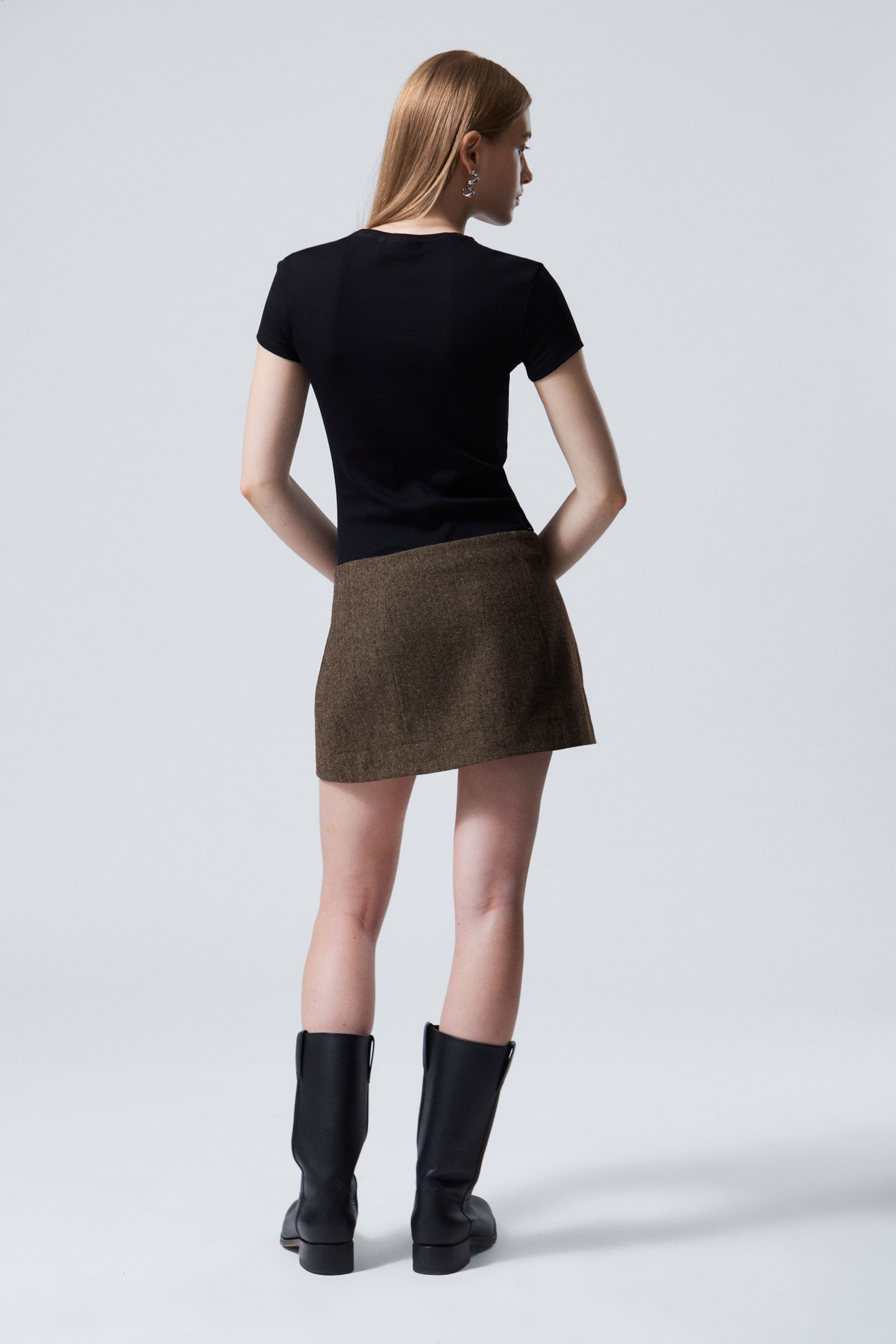 Dark Brown Herringbone - Mini Suiting Wrap Skirt - 3