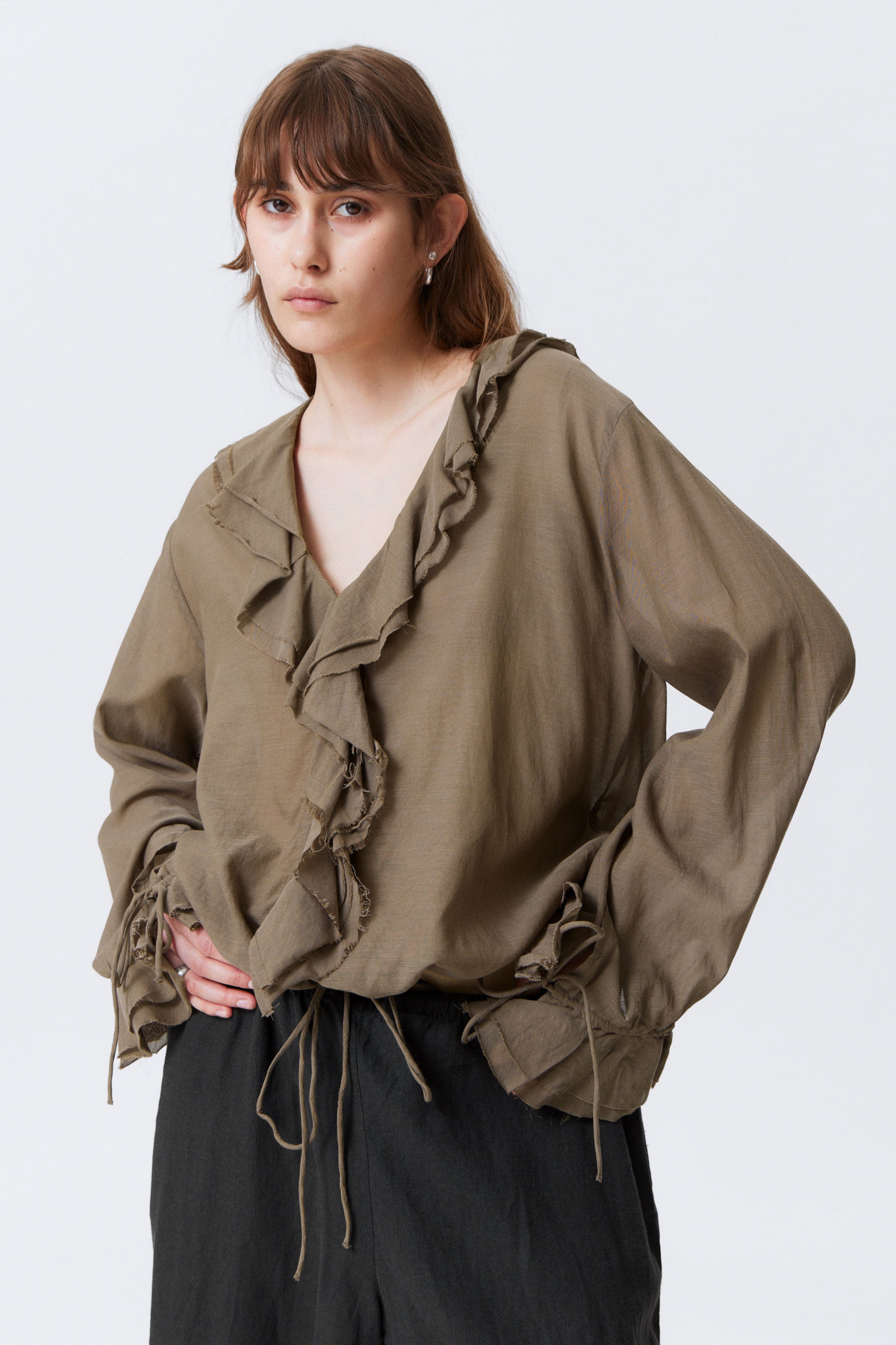 #6C655F - Frilled Long-Sleeved Wrap Blouse - 1