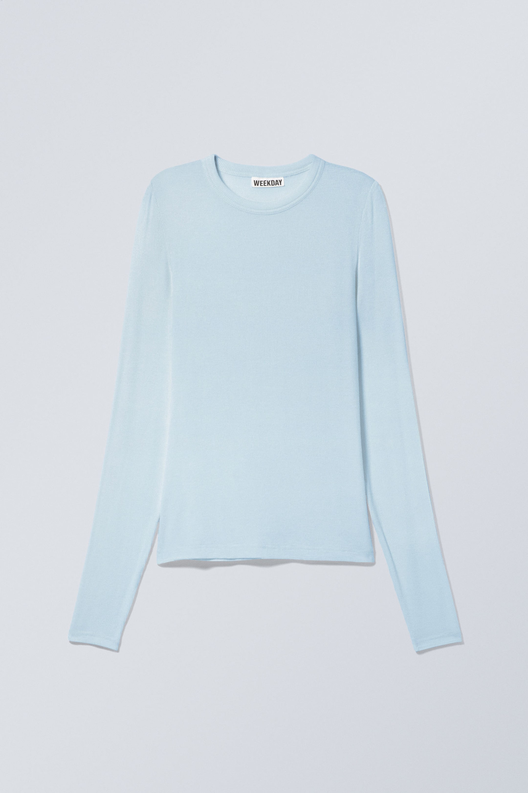 Light Blue - Sheer Ribbed Long Sleeve Top - 1